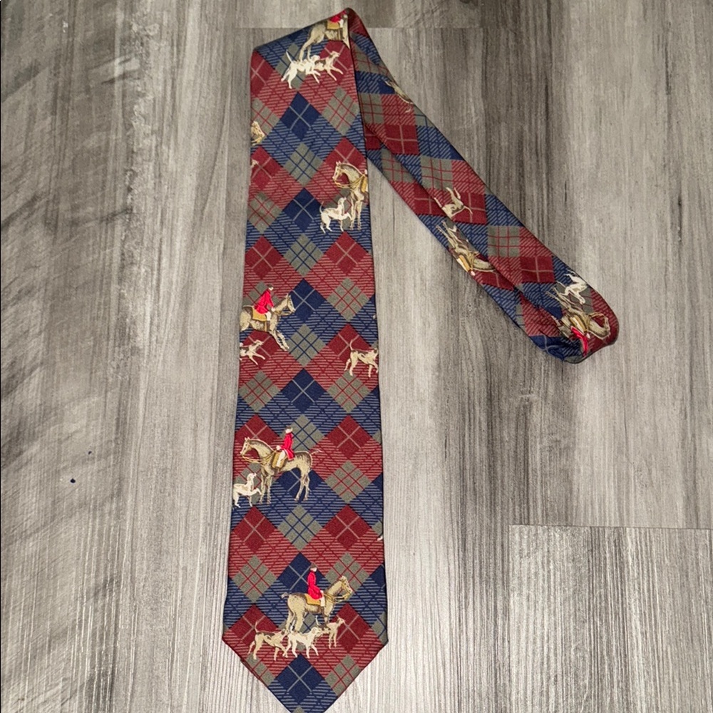 Izod vintage plaid tie equestrian horses dogs men’s neck red blue tan 100% silk